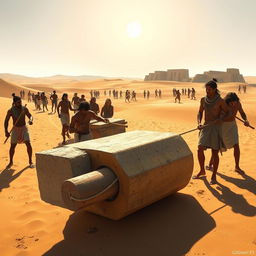 An engaging scene illustrating ancient Egyptian workers employing logs to transport large stone blocks across the sandy terrain
