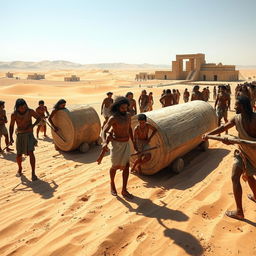 An engaging scene illustrating ancient Egyptian workers employing logs to transport large stone blocks across the sandy terrain