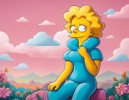 A vibrant portrait of Maggie Simpson in her iconic blue onesie against a serene pastel background.