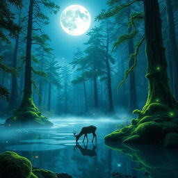 A mystical forest illuminated by bioluminescent plants, with a clear night sky and a full moon shining down