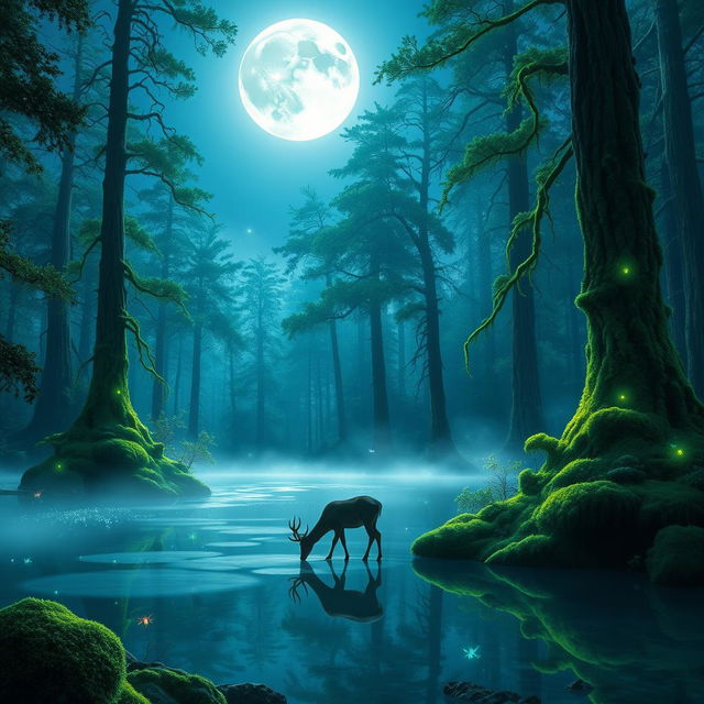 A mystical forest illuminated by bioluminescent plants, with a clear night sky and a full moon shining down