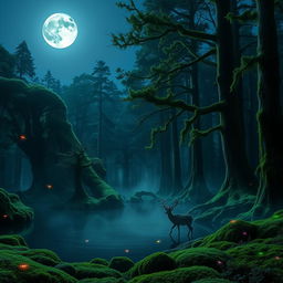 A mystical forest illuminated by bioluminescent plants, with a clear night sky and a full moon shining down