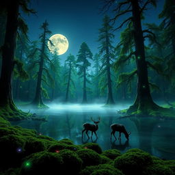 A mystical forest illuminated by bioluminescent plants, with a clear night sky and a full moon shining down