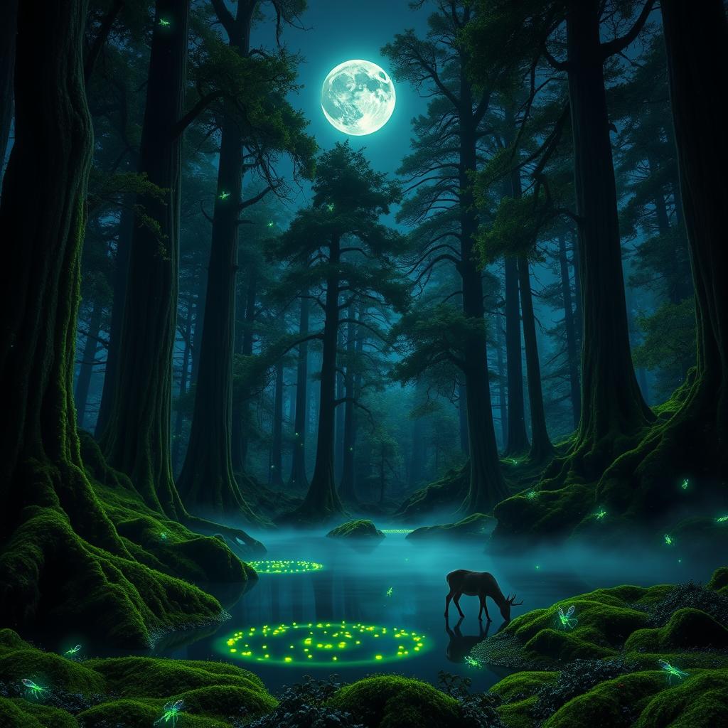 A mystical forest illuminated by bioluminescent plants, with a clear night sky and a full moon shining down