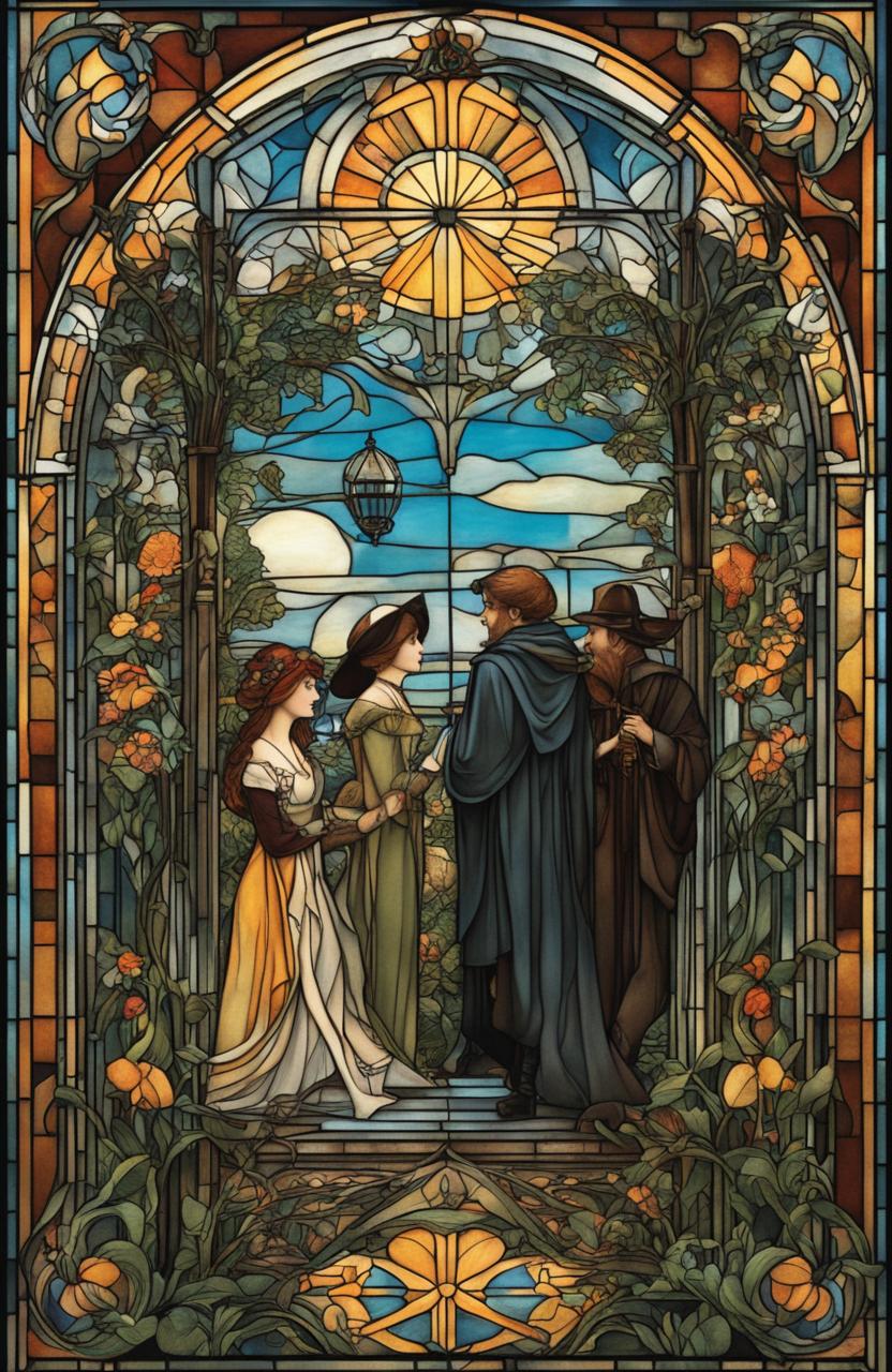 Gothic Art Nouveau stained glass film poster of a garden party in a sky city, captured in ultra-detailed 36k HD with a 20mm lens