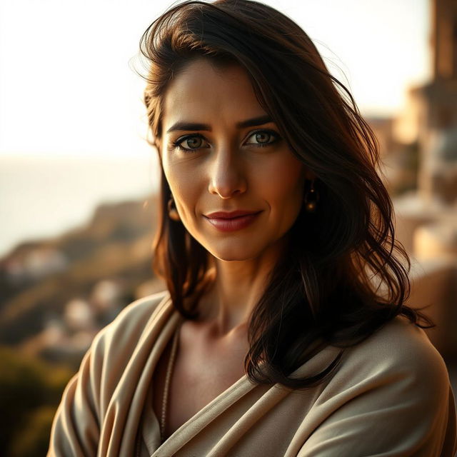 A Mediterranean woman aged between 35 and 45, with dark hair and expressive eyes