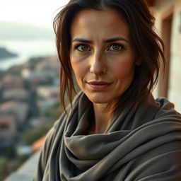 A Mediterranean woman aged between 35 and 45, with dark hair and expressive eyes