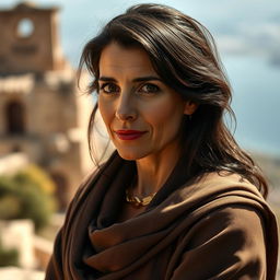 A Mediterranean woman aged between 35 and 45, with dark hair and expressive eyes