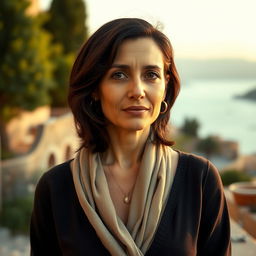 A Mediterranean woman aged between 35 and 45, with dark hair and expressive eyes