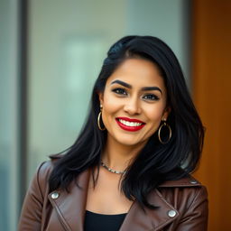 A 35-year-old woman with beautiful black hair and a striking Latina appearance, dressed in stylish contemporary clothing that reflects her unique fashion sense