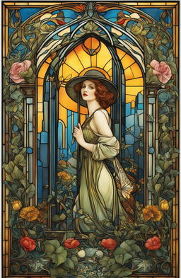 Gothic Art Nouveau stained glass film poster of a garden party in a sky city, captured in ultra-detailed 36k HD with a 20mm lens