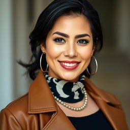 A 35-year-old woman with beautiful black hair and a striking Latina appearance, dressed in stylish contemporary clothing that reflects her unique fashion sense