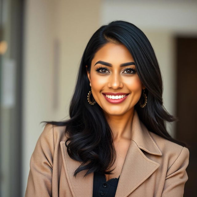 A 35-year-old woman with beautiful black hair and a striking Latina appearance, dressed in stylish contemporary clothing that reflects her unique fashion sense