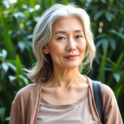 A 42-year-old woman with pale skin and light hair, featuring Asian characteristics