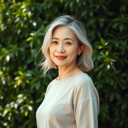 A 42-year-old woman with pale skin and light hair, featuring Asian characteristics