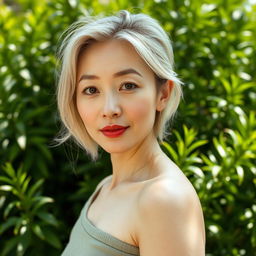 A 42-year-old woman with pale skin and light hair, featuring Asian characteristics