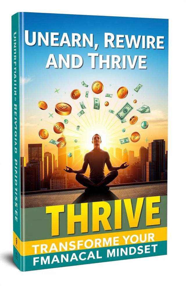 A visually engaging cover for a self-help book titled 'Unlearn, Rewire, and Thrive: Transform Your Financial Mindset'