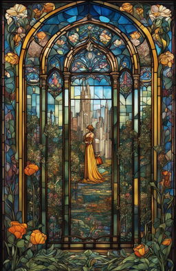 Gothic Art Nouveau stained glass film poster of a garden party in a sky city, captured in ultra-detailed 36k HD with a 20mm lens