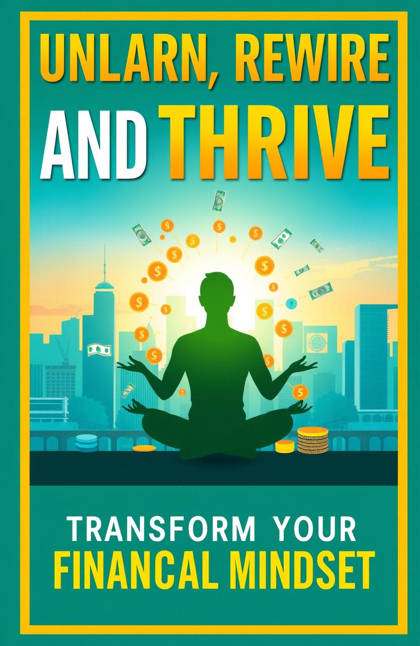 A visually engaging cover for a self-help book titled 'Unlearn, Rewire, and Thrive: Transform Your Financial Mindset'