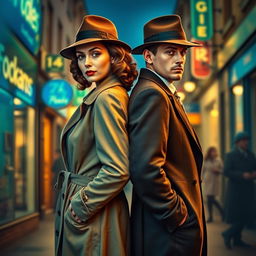 A detective pair from the 1940s, a stylish woman and a handsome man, standing back-to-back on a street splashed with blue and green tones