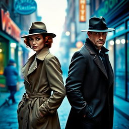 A detective pair from the 1940s, a stylish woman and a handsome man, standing back-to-back on a street splashed with blue and green tones