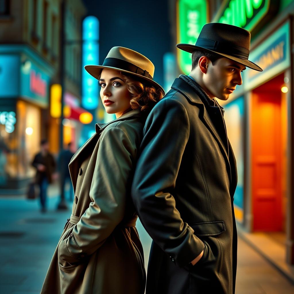 A detective pair from the 1940s, a stylish woman and a handsome man, standing back-to-back on a street splashed with blue and green tones