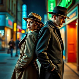 A detective pair from the 1940s, a stylish woman and a handsome man, standing back-to-back on a street splashed with blue and green tones