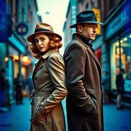 A detective pair from the 1940s, a stylish woman and a handsome man, standing back-to-back on a street splashed with blue and green tones