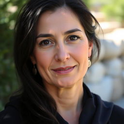 A Mediterranean woman aged 35 to 45 with dark hair, expressive eyes, and wearing modest, closed clothing