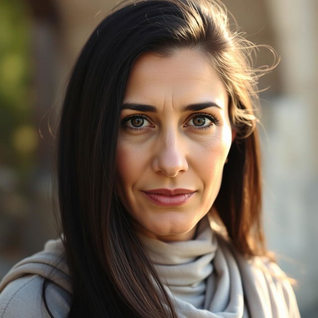 A Mediterranean woman aged 35 to 45 with dark hair, expressive eyes, and wearing modest, closed clothing