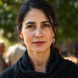 A Mediterranean woman aged 35 to 45 with dark hair, expressive eyes, and wearing modest, closed clothing