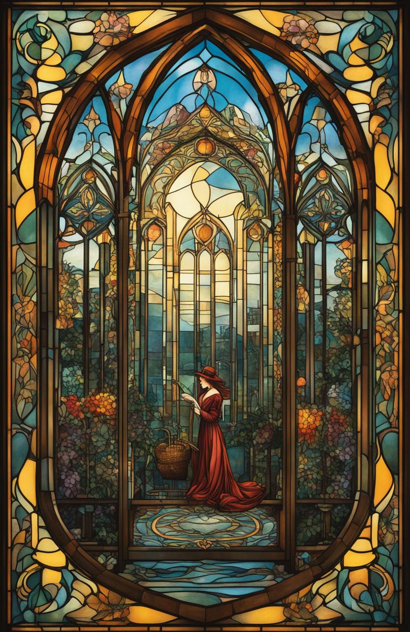 Gothic Art Nouveau stained glass film poster of a garden party in a sky city, captured in ultra-detailed 36k HD with a 20mm lens