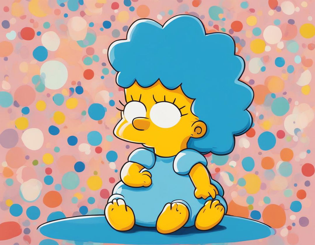 A vibrant portrait of baby Maggie Simpson in her iconic blue onesie against a serene pastel background.