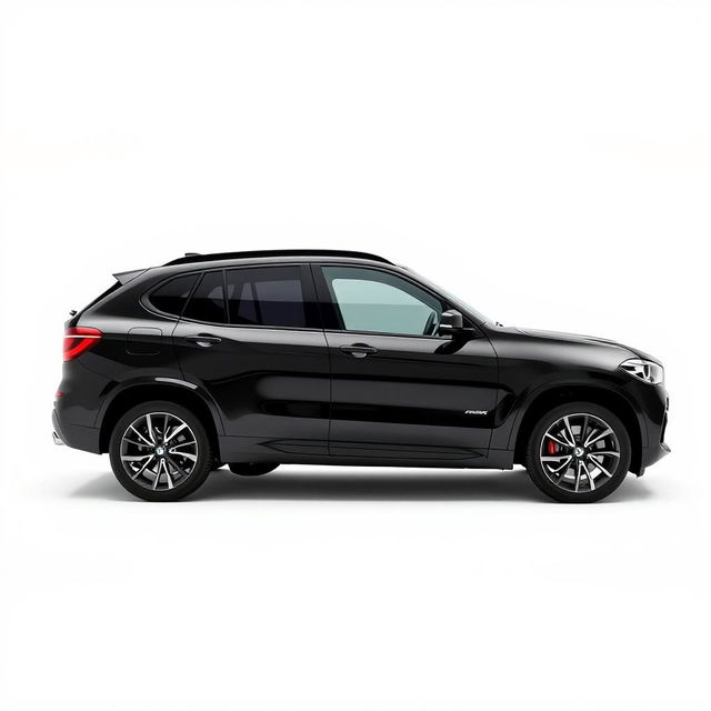 A sleek and luxurious black BMW XM, showcasing its striking design elements and smooth lines, positioned prominently against a pristine white background