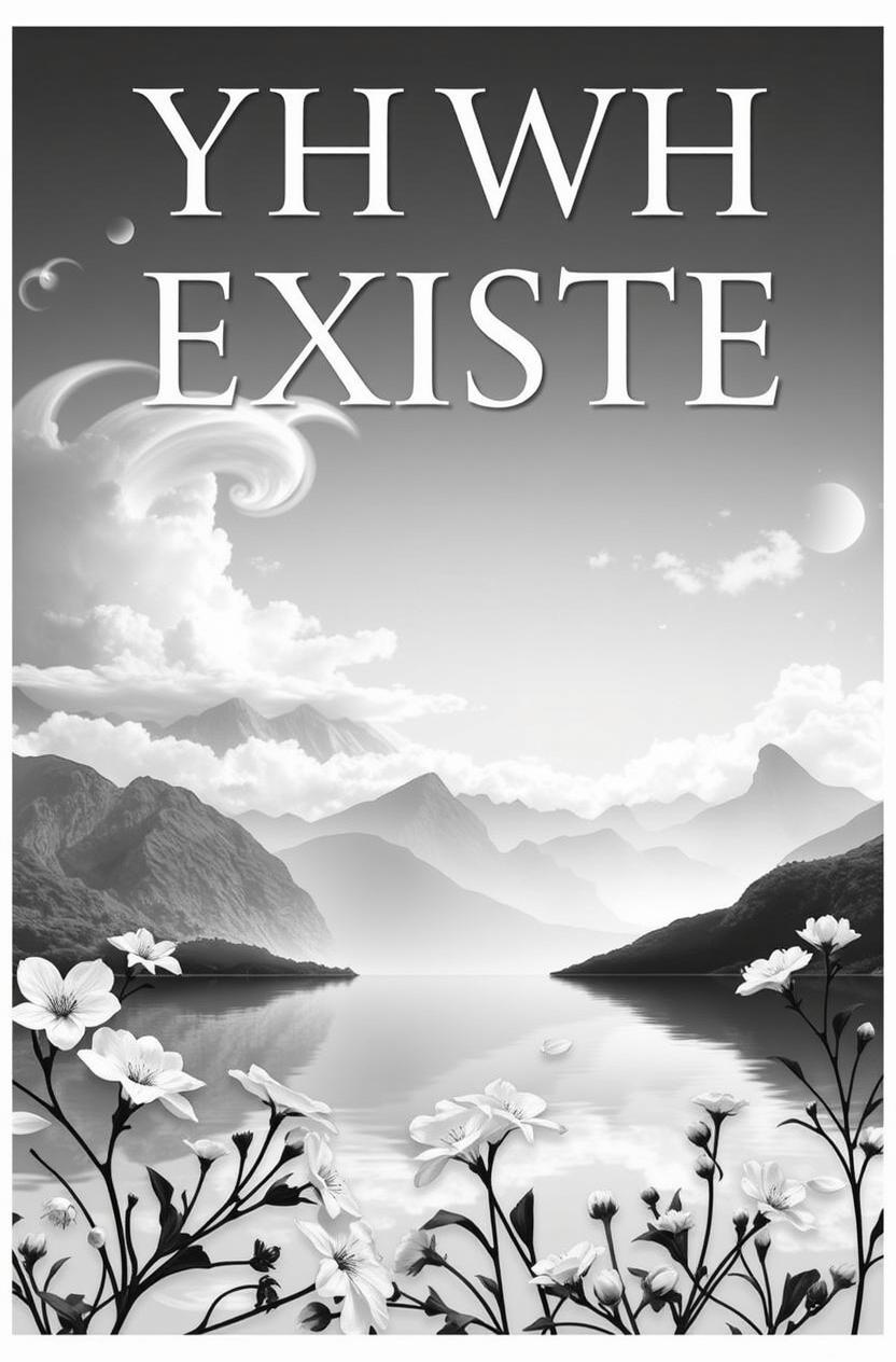 A book cover titled "YHWH EXISTE" featuring a paradisiacal landscape