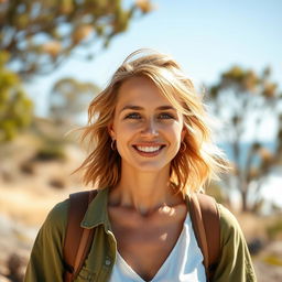 A 30-40 year old woman with Australian features, dressed in stylish and casual clothing