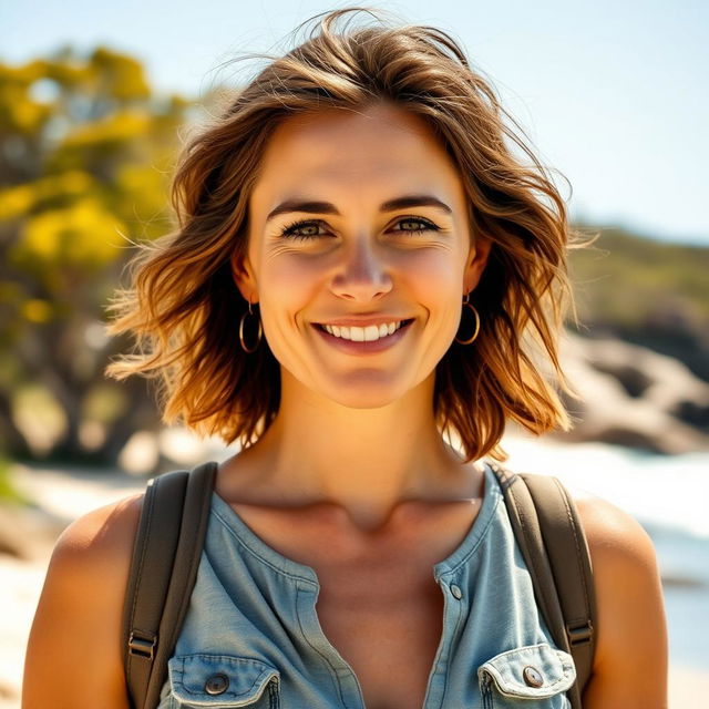 A 30-40 year old woman with Australian features, dressed in stylish and casual clothing