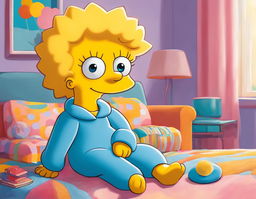 A vibrant portrait of baby Maggie Simpson in her iconic blue onesie against a serene pastel background.