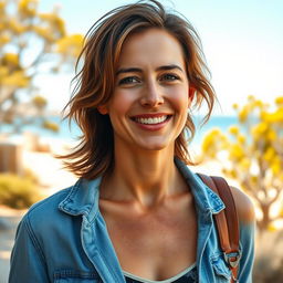 A 30-40 year old woman with Australian features, dressed in stylish and casual clothing