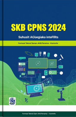 A detailed book cover design for the SKB CPNS 2024, specifically tailored for the position of Technisi Siaran Ahli Pertama at Kominfo