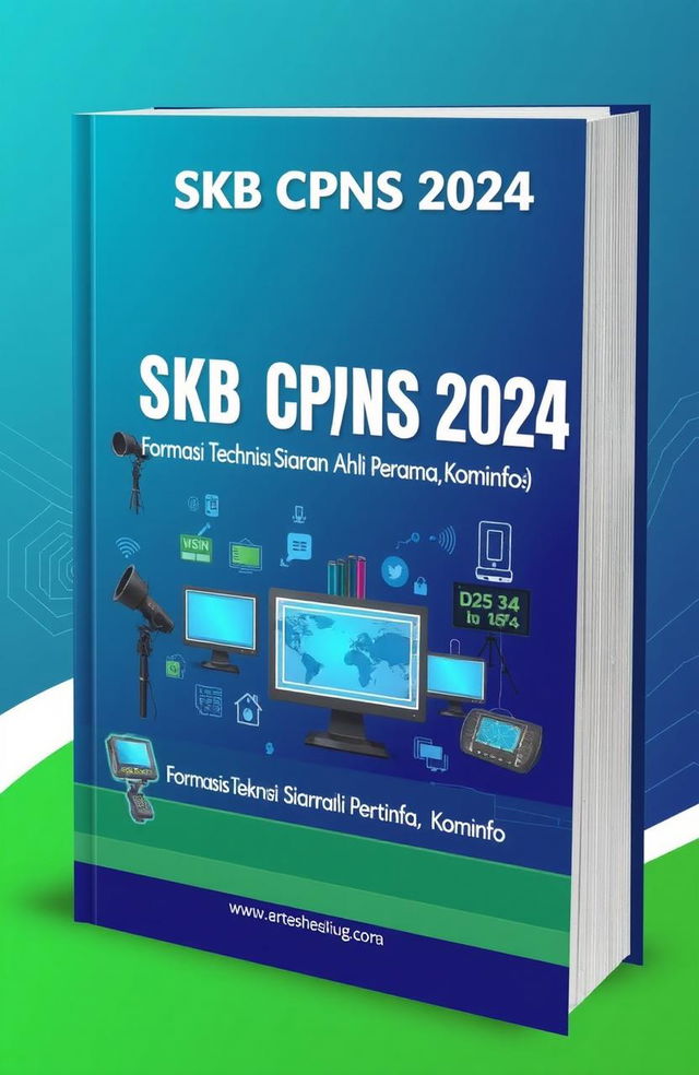 A detailed book cover design for the SKB CPNS 2024, specifically tailored for the position of Technisi Siaran Ahli Pertama at Kominfo