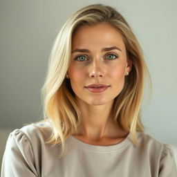A 32-year-old woman with light blonde hair, embodying a European appearance with natural features