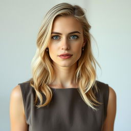 A 32-year-old woman with light blonde hair, embodying a European appearance with natural features