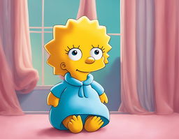 A vibrant portrait of baby Maggie Simpson in her iconic blue onesie against a serene pastel background.