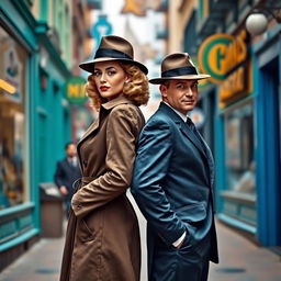 A 1940s detective pair, a woman and a man, standing back-to-back and fully visible from head to toe on a street featuring vibrant blue and green tones
