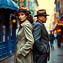 A 1940s detective pair, a woman and a man, standing back-to-back and fully visible from head to toe on a street featuring vibrant blue and green tones