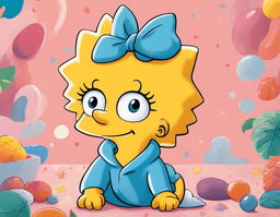 A vibrant portrait of baby Maggie Simpson in her iconic blue onesie against a serene pastel background.