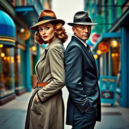 A 1940s detective pair, a woman and a man, standing back-to-back and fully visible from head to toe on a street featuring vibrant blue and green tones
