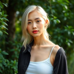 A 35-year-old woman with pale skin and light blonde hair, featuring Asian characteristics
