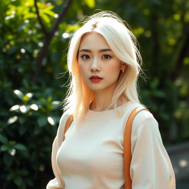 A 35-year-old woman with pale skin and light blonde hair, featuring Asian characteristics